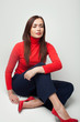 © Anton Gepolov - Young woman with slim legs in red high heels shoes. Healthy beautiful legs and feet. Studio shot. Gray background. Isolated.
