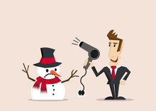 Snowman Is Threatened By Businessman With Hair Dryer