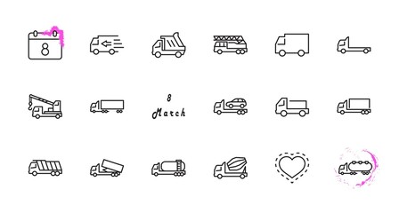 Wall Mural - Truck Set of Transport Vector Line Icons. Contains such Icons as Truck, Transportation, Tow Truck, Cranes, Mixer, Garbage Truck, Manipulators, Delivery service and more. Editable Stroke. 32x32 Pixel