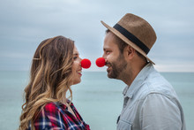 Crazy Love. Happy, Silly Couple With Red Nose