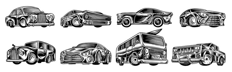 Muscle cars and vintage transports for logo and labels. Set of retro old school auto service. Collection of classic roadster. Engraved hand drawn sketch. Business class and sports motor vehicle.