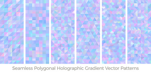 Canvas Print - Seamless Holographic Gradient Polygonal Vector Patterns. Iridescent Sparkling Low Poly Backgrounds. Blue, Pink, Aqua & Purple Glittering Faceted Textures. Repeating Pattern Tile Swatches Included.