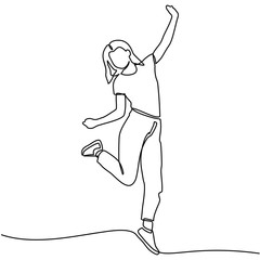 Continuous line drawing of woman happy jumping in air. Vector