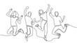 © Gondex - continuous line drawing of jumping happy team members. happiness, freedom, motion and people concept. smiling young friends. jumping in air. vector