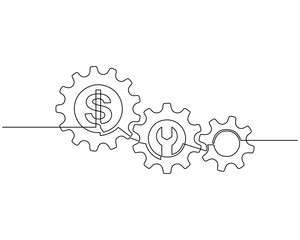 Sticker - Continuous line drawing of dollar and gears wheel. Dollar and gears are drawn by a single line on a white background. Vector