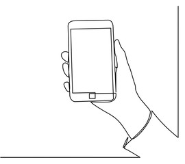 Continuous line drawing of hand holding a mobile phone. Vector