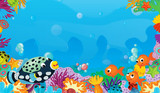 Fototapeta Do akwarium - cartoon scene with coral reef with happy and cute fish swimming with frame space text - illustration for children