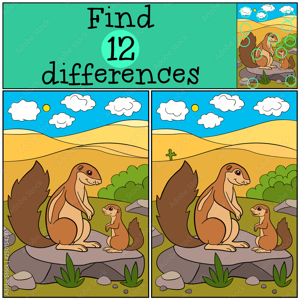 Educational game: Find differences. Mother xerus with her cute baby ...