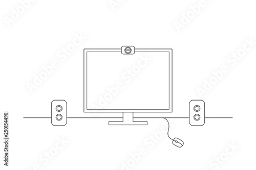 Simple Line Art Drawing Of A Computer Monitor On A Desktop Vector