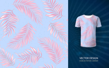 Tropical aloha pattern. Vector Hawaiian exotic leaf pattern on shirt mockup. Vector plants seamless background. Delicate pink on blue