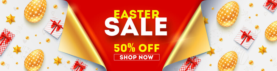 Easter sale get up to 50 percent discount. Banner with curved corners of golden page. Pattern from golden easter eggs, gift boxes, toys on white wrap paper. Template for festive shopping actions.