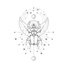 Vector illustration with hand drawn stag beetle and Sacred geometric symbol on white background. Abstract mystic sign. Black linear shape. For you design, tattoo or magic craft.