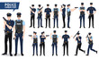 Police vector character set. Policeman characters holding gun in different posture and hand gestures with shooting pose isolated in white. Vector illustration.
