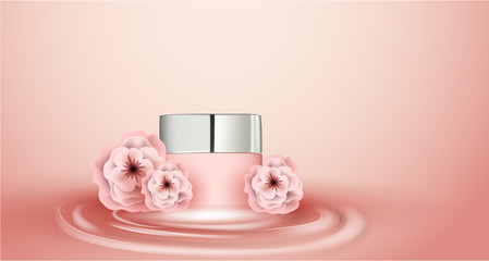 Wall Mural - beautiful vector illustration, realistic mocap, template, cosmetic cream packaging, 3d bottle. around beautiful pink flowers. stock illustration.