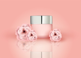 Wall Mural - beautiful vector illustration, realistic mocap, template, cosmetic cream packaging, 3d bottle. around beautiful pink flowers. stock illustration.