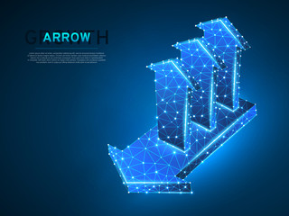 Wall Mural - Arrow growth, success, team work sign. Three arrows goes up from one arrow wireframe digital 3d Low poly collaboration concept with lines, dots on blue background. Vector neon polygonal RGB color