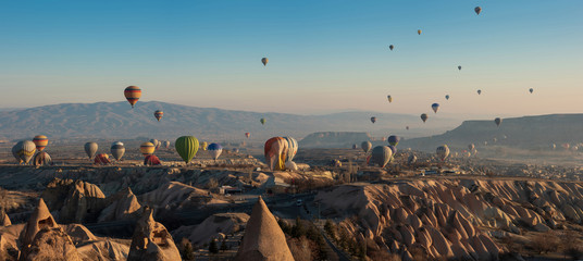 Wall Mural - Sunrise balloon flight, visit famous tourist spot in Turkey. Goreme, Cappadocia, Turkey