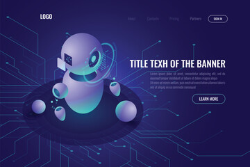 Robotics technology, machine education and artificial intelligence ai isometric icon, data processing, robotica concept, smart tech, ultraviolet vector web