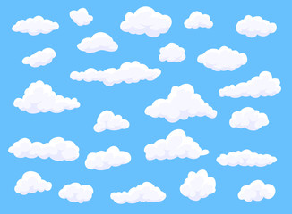 Wall Mural - Different shape cartoon white clouds on blue background. Vector decoration element.