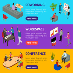 Sticker - Coworking People and Equipment 3d Banner Horizontal Set Isometric View. Vector