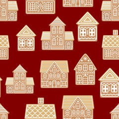 Poster - Cartoon Festive Gingerbread Houses Seamless Pattern Background. Vector