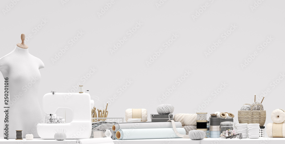 Bright atelier studio closeup with various sewing items, fabrics and mannequin on table, 3d render - obrazy, fototapety, plakaty 