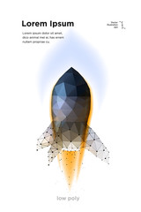 Canvas Print - Rocket. Start Spaceship. Takeoff Spacecraft. Illustration is executed in the form of particles, geometric art, lines and points in the form of a starry sky or space. Low poly wireframe mesh 