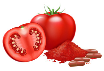 Wall Mural - Fresh tomato and lycopene capsules. Vector illustration.