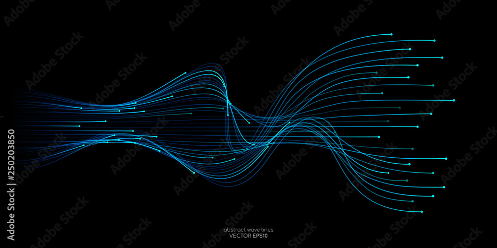 Vector abstract wave lines light blue and green colors on black background in concept technology, communication, digital, ai, data, science. - obrazy, fototapety, plakaty 