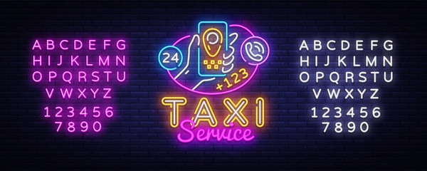 Wall Mural - Taxi Service Neon Signboard Vector. Taxi Online neon sign, Hands with smartphone and taxi application design template, modern trend design, night neon signboard. Vector. Editing text neon sign