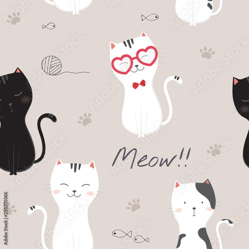 Cotton fabric Seamless pattern with cute cartoon cats.