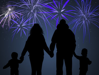 Poster - family looking fireworks pyrotechnic for the New Year