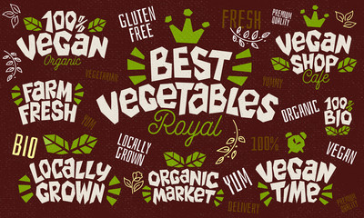 Sketch style food product lettering icons set. For badges, labels, logo, farm, farmers market, fresh food, country fair, shop, vegan, vegetarian, cafe, organic, bio, green, food studio. Hand drawn