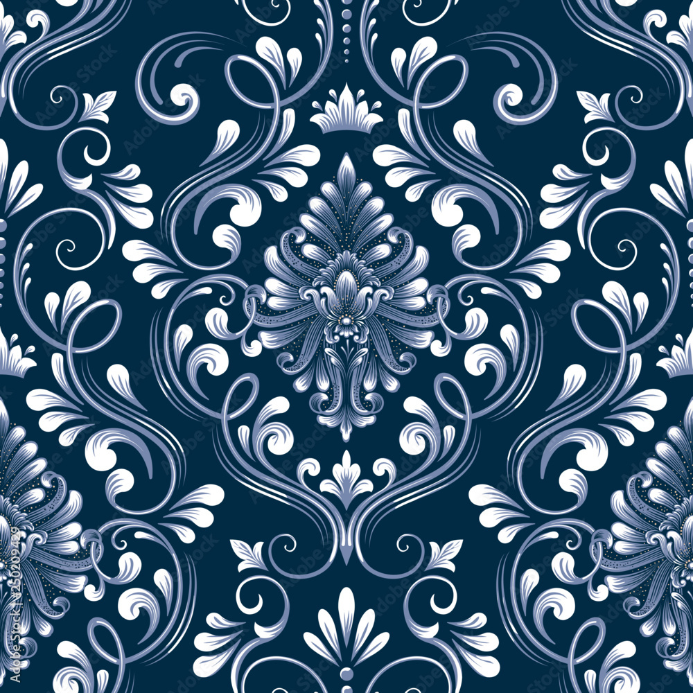 Vector blue damask seamless pattern element. Classical luxury old ...