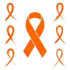 Orange ribbon set in flat lay. Ink, chalk, paintbrush and hand drawn orange ribbon symbols isolated on white.