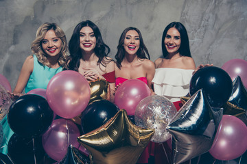 Poster - Portrait of nice-looking lovely chic elegant attractive glamorous gorgeous cheerful ladies many different shine baloons festive over gray concrete wall