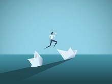 Businessman Jumping From Sinking Ship Vector Concept. Symbol Of New Beginning, Bailout, Bankruptcy, New Opportunity.