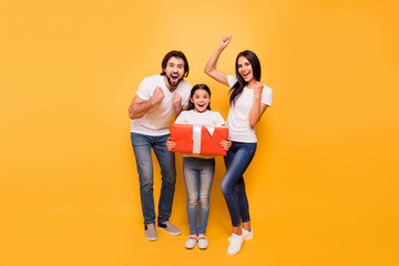 Sticker - Full length body size view portrait of nice lovely charming attractive cheerful people holding in hands large big red bow ribbon box rejoice isolated over shine vivid pastel yellow background