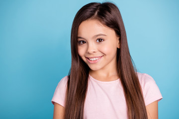 Poster - Close-up portrait of her she nice cute lovely sweet adorable well-groomed attractive cheerful cheery straight-haired brunette girl isolated over blue pastel background