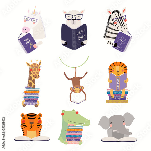 Big set with cute animals reading different books. Isolated objects on white ...