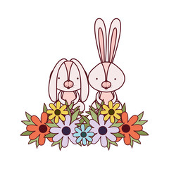 Canvas Print - easter bunnies with flowers isolated icon