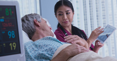 Wall Mural - Senior Caucasian male patient in hospital bed asking questions about brain scans to Japanese woman doctor. Medical professional showing medical images to older man on tablet screen