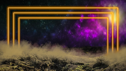 Wall Mural - yellow laser neon light portal gate over outer space background with galaxies and stars. extraterres