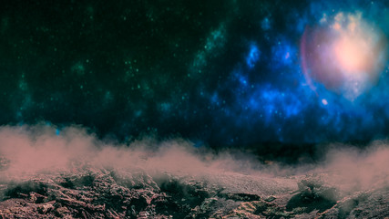 Wall Mural - outer space background. smoke on barren landscape with galaxies and stars. extraterrestrial alien pl