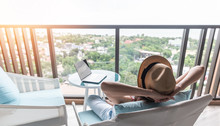 Life-work Balance, Relaxation Healthy Quality Living Lifestyle In Summer Holiday Vacation Of Freelancer Woman Take It Easy Resting In Resort Hotel Balcony Having Peace Of Mind