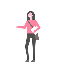 Wall Mural - Girl in pink sweater, with bag over shoulder and book in hands vector isolated cartoon student. Female college learner in black trousers, full length portrait