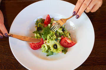 Wall Mural - vegetable salad with tomatoes, shrimps and olives. diet food. lean food for believers