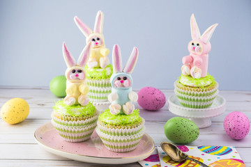 Wall Mural - Capcakes with rainbow marshmallow bunnies.