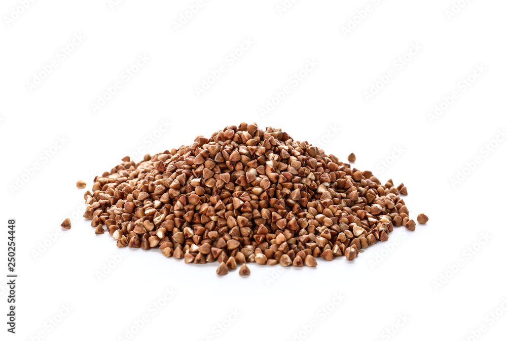Raw buckwheat on white background