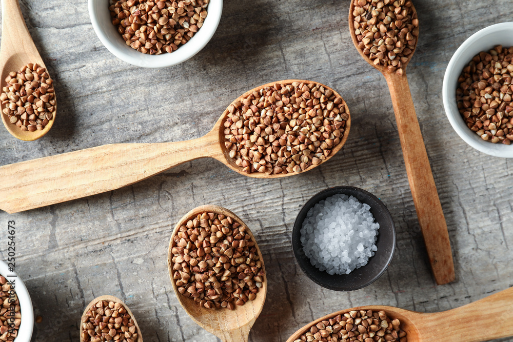 Composition with raw buckwheat on table